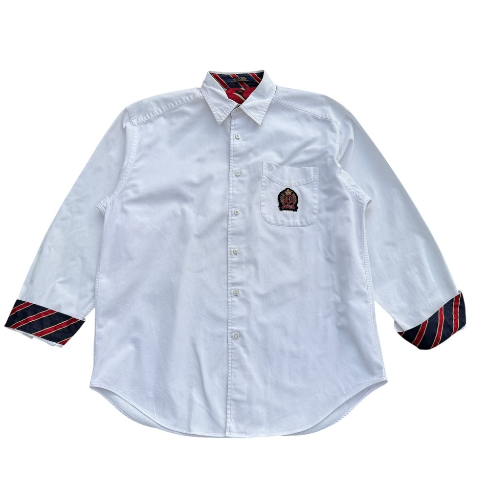 Tommy Hilfiger Vintage White Crest Patch Button‎ Down Shirt Mens Medium Striped